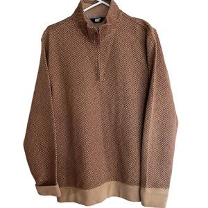 Lands End Sweater Mens SZ M 38-40 Brown Herringbone Quarter Zip Contrast Collar